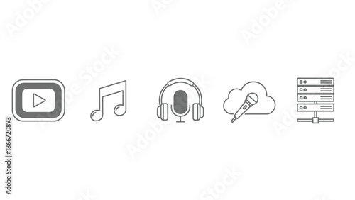 Technology Line Icons for Digital Media, Streaming, Audio, Video, Music, Podcast, Cloud Services, and Data Hosting