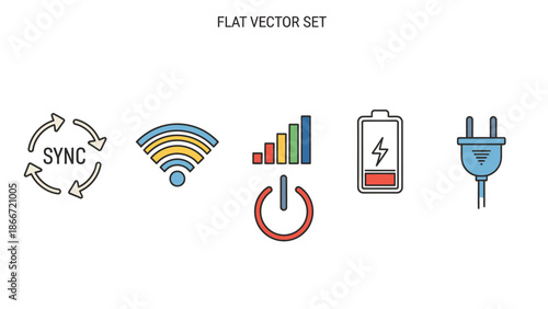 Flat vector technology icon set with sync, WiFi, signal, charging battery, and power plug symbols for web and mobile interfaces.