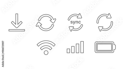 Vector line icons for mobile app interface: download, refresh, sync, Wi-Fi, signal strength, and battery status indicators