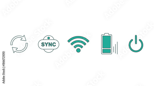 Flat design UI/UX icon set featuring refresh, synchronization, Wi-Fi, battery charging, and power button symbols for digital interfaces.