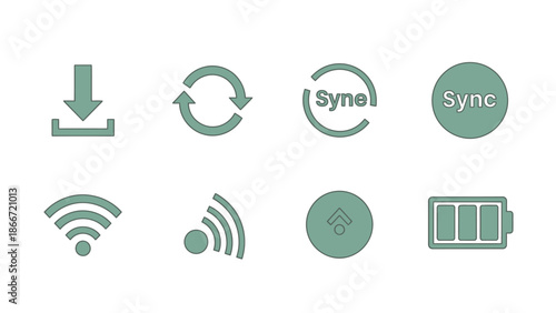 Digital technology icons set: download, refresh, synchronization, Wi-Fi, data signal, and battery status for web and mobile UI design