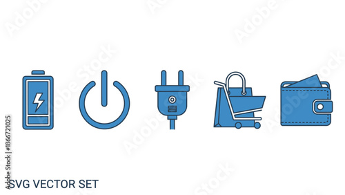 Modern flat vector icons set: battery, power button, plug, shopping cart, and wallet for tech, business, and e-commerce UI/UX
