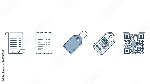 E-commerce, retail, and payment icon set featuring receipts, price tags, barcode, and QR code for business concepts.