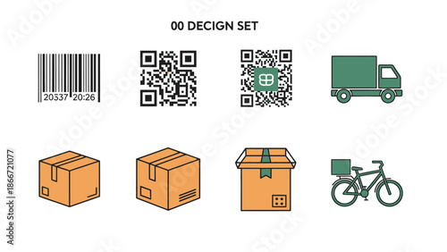 E-commerce Logistics Icon Set with Barcode, QR Codes, Cardboard Boxes, Delivery Truck, and Bicycle