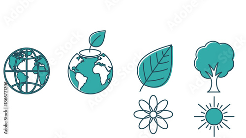 Environmental conservation and nature line icons set. Eco-friendly symbols including earth globe, plant, leaf, tree, flower, and sun.