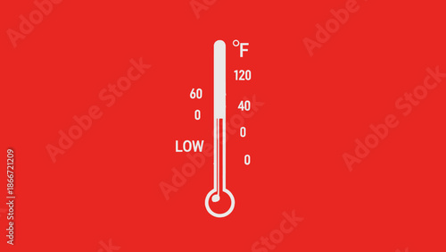 Minimalist white thermometer indicating low temperature on a vibrant red background, symbolizing cold, winter, or illness concept.