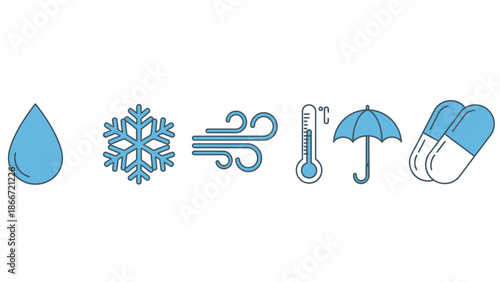 Climate and Weather Conditions Vector Icon Collection: Water, Snow, Wind, Thermometer, Umbrella, Medical Capsules