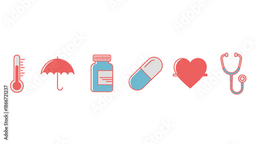 Health and Medical Insurance Icons Set. Healthcare Protection, Sickness, Medicine, and Wellness Symbols on White Background.