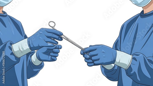 Medical professionals exchanging surgical instruments in a clinical environment