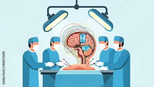 Medical Brain Surgery Procedure with Surgical Team in Operating Room