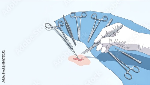 Surgical Instruments and Gloved Hand Performing Medical Procedure in Operating Room