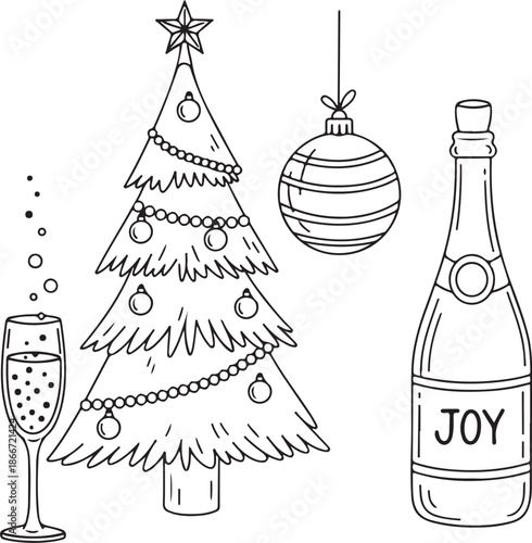 Charming line art vector of a decorated Christmas tree with a star, a hanging striped ornament, a bubbling champagne glass, and a bottle labeled "JOY." Ideal for festive holiday designs.