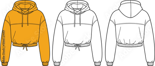 Trendy cropped hoodie sweatshirt fashion flat sketch, modern casual wear design with drawstring waist, front and back technical vector illustration