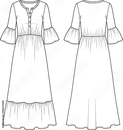 Women’s long ruffle sleeve maxi dress sketch, tiered hem design, button front detail, fashion flat illustration for apparel design template