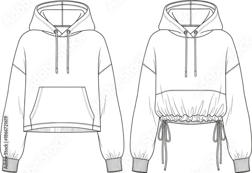 Women’s hoodie fashion flat sketch, cropped pullover sweatshirt design, technical apparel illustration with hood, drawstring hem, long sleeves, kangaroo pocket details