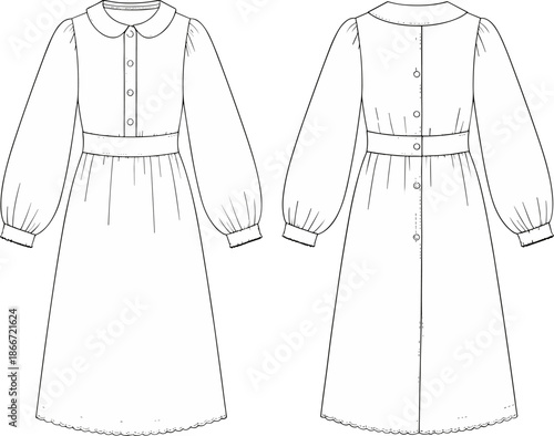 Women’s long-sleeve midi dress fashion sketch, Peter Pan collar, button front and back details, technical flat illustration for apparel design template