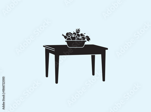Black dining table silhouette showing healthy food basket
