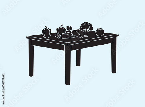 Dining table furniture silhouette with produce basket on top
