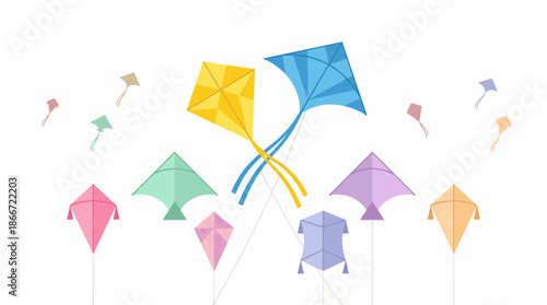 Colorful kites flying in the sky. Spring Vector Packs. EPS Editable