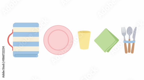 Colorful picnic tableware and utensils. Spring Vector Packs. EPS Editable