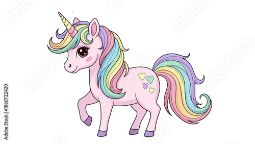 A charming illustration of a whimsical unicorn. The unicorn showcases a pastel color palette and embodies the essence of fantasy and enchantment.