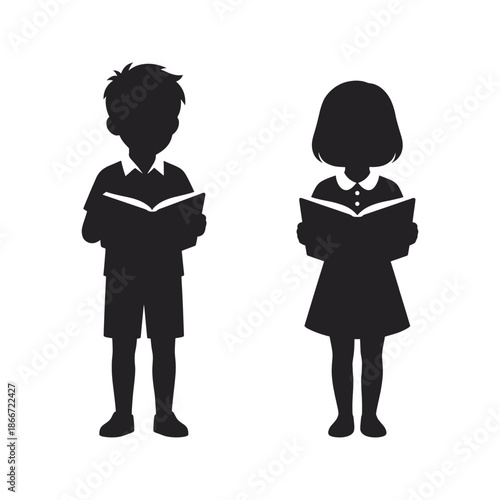Two children silhouetted while reading. They're engrossed in their books. One is a girl and one is a boy. This image captures the essence of childhood and the joy of reading
