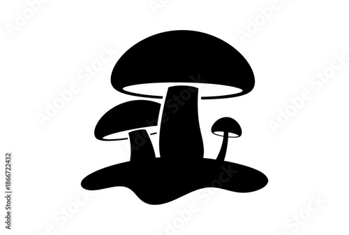 Black silhouette of three mushrooms, each with a rounded cap and a stem. The mushrooms stand close together, creating an intriguing contrast.
