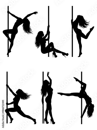 Elegant silhouettes of female dancers performing sensual pole dance moves. The silhouettes capture the grace and athleticism of the dancers