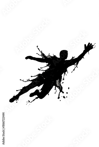 Dynamic silhouette of a person in mid-air, with paint splatter effect, representing freedom and overcoming challenges