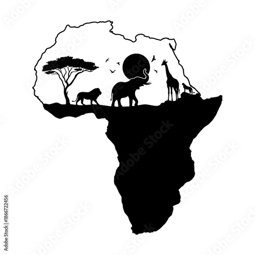 Silhouette of the African Continent Featuring Wildlife and Nature's Beauty 