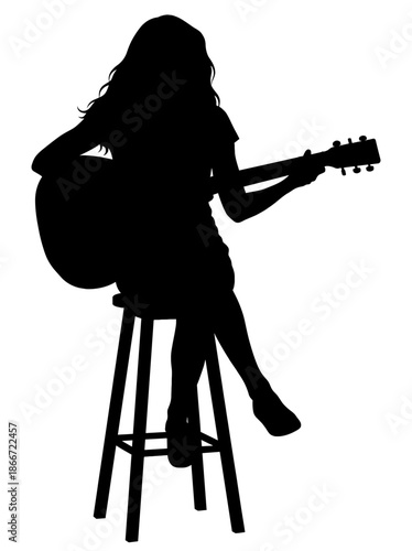 Silhouette of a woman playing guitar while sitting on a stool
