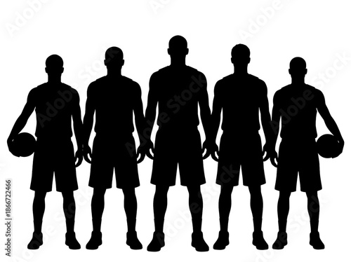 Silhouette of a basketball team standing with the ball in hand