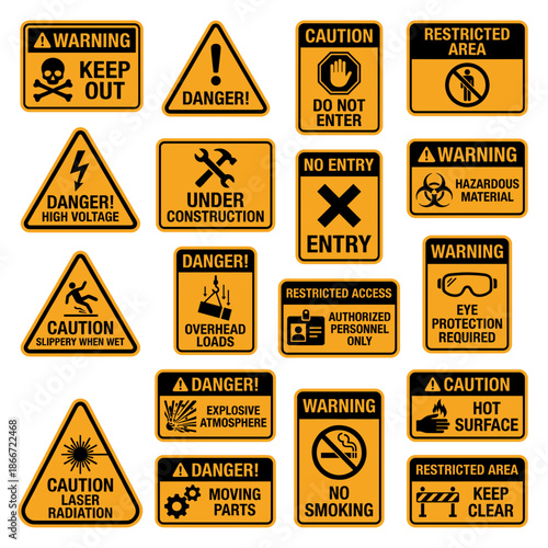 Set of various warning signs and cautionary symbols, providing critical information about potential dangers and hazards. These signs are essential for workplace safety.