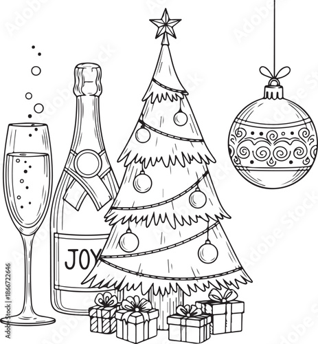 A festive line art vector featuring a decorated Christmas tree with gifts, a large ornamental bauble, a glass of bubbly, and a "JOY" champagne bottle. Perfect for holiday coloring activities.