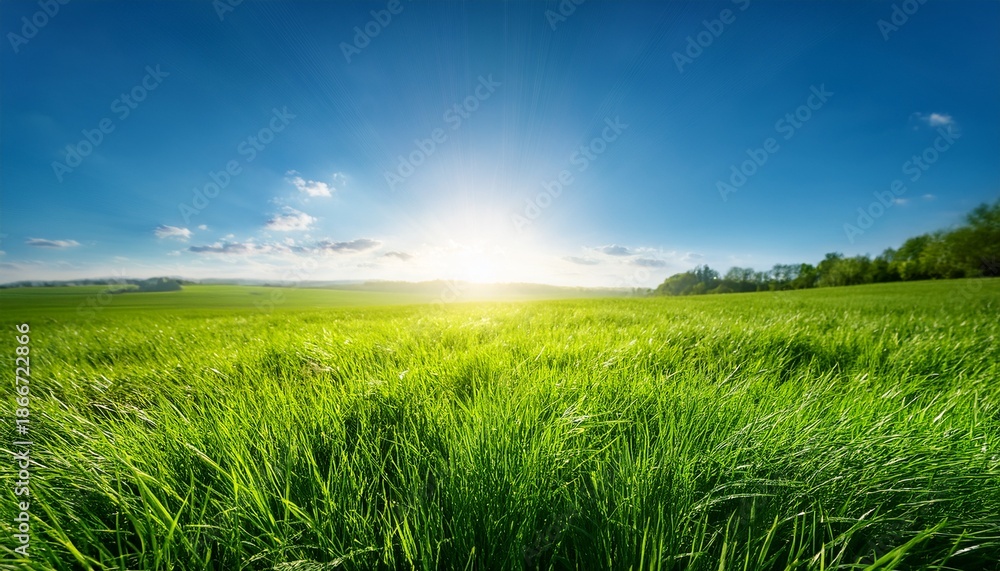 Fototapeta premium Vibrant Green Meadow With Grass Under A Clear Blue Sky And Sunlight Shining In The Background