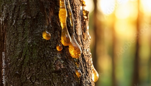 Golden Resin Drops On Tree Bark In Sunlit Forest