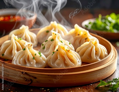 Close-up cinematic food photograph of freshly steamed momos with delicate pleated folds, glossy surface from natural steam moisture, soft vapor rising, professional studio lighting, bright clean backg