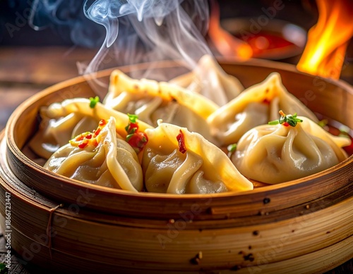 Ultra close-up food photography of momos served fresh and hot, visible steam and surface moisture, soft dough texture with fine details, cinematic professional studio lighting