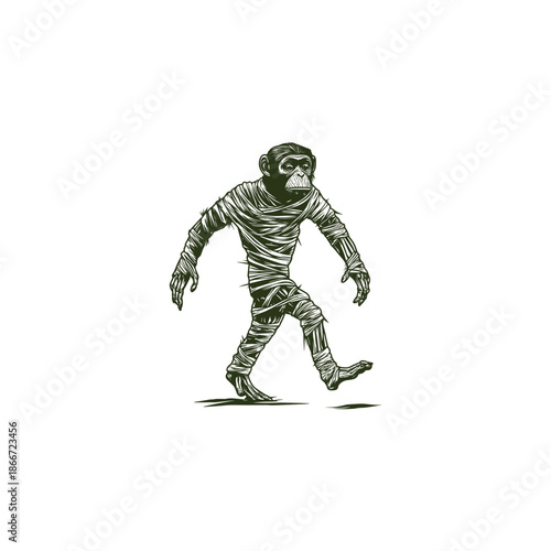 Vintage hand-drawn engraving of a monkey or chimpanzee wrapped in mummy bandages like a classic monster.