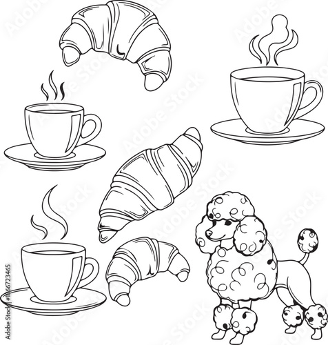 A clean line art vector collection featuring a stylish poodle with curly fur, several flaky croissants, and steaming coffee cups. Ideal for coloring pages or Parisian cafe-themed graphic designs.