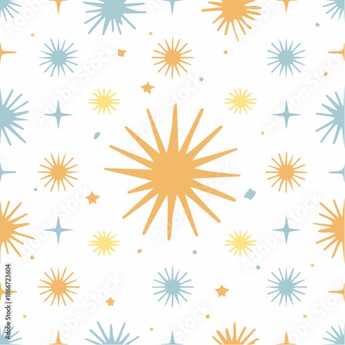 A vibrant pattern of colorful starbursts and shapes on a white background viewed from directly above