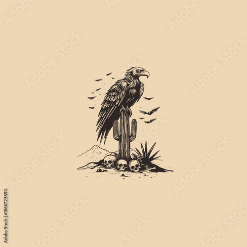 Vintage hand-drawn engraving of a vulture perched on a cactus in a desert landscape surrounded by skulls and barren mountains.