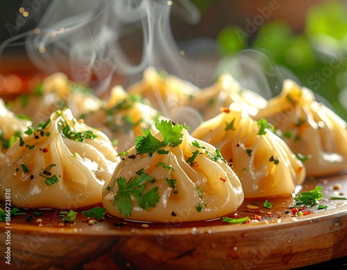 Close-up cinematic food photograph of momos garnished with fresh herbs, fresh leaf textures and moisture, soft steam rising, professional studio lighting, bright clean background
