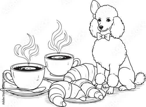 A charming black and white vector of a poodle with a bowtie sitting by steaming coffee and croissants. A clean, elegant line art illustration perfect for cafe or bakery themes.