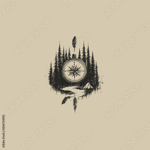 Vintage hand-drawn engraving of a navigational compass set against a dense pine forest with a small camping tent and falling feathers.