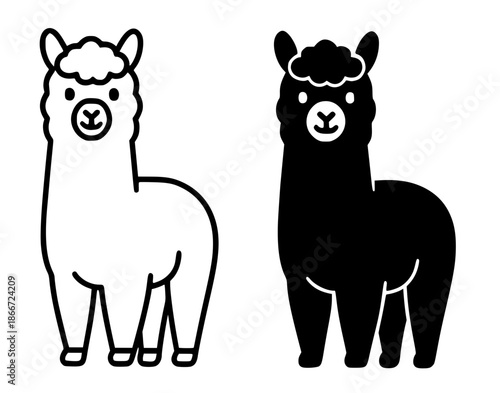 Alpaca illustration icon, black and white, outline and silhouette style