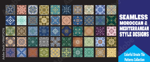 Colorful Ornate Tile Patterns Collection. Seamless Moroccan & Mediterranean Style Designs