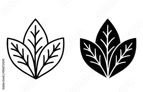 Tobacco leaf illustration icon, black and white, outline and silhouette style