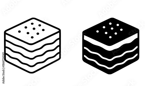 Tiramisu illustration icon, black and white, outline and silhouette style