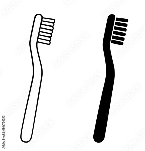 Toothbrush illustration, black and white, outline and silhouette style